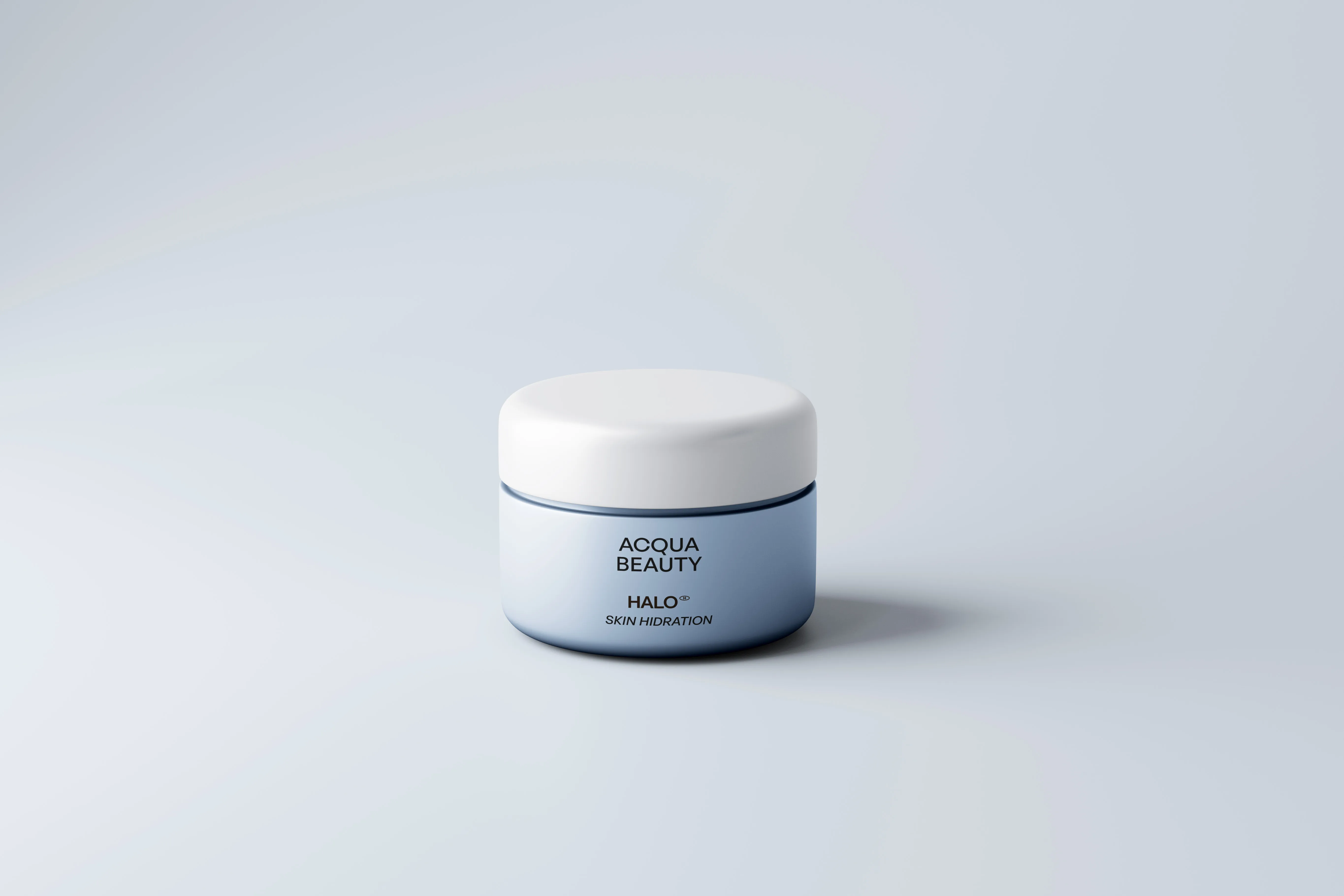 A jar of aqua beauty on a white background.